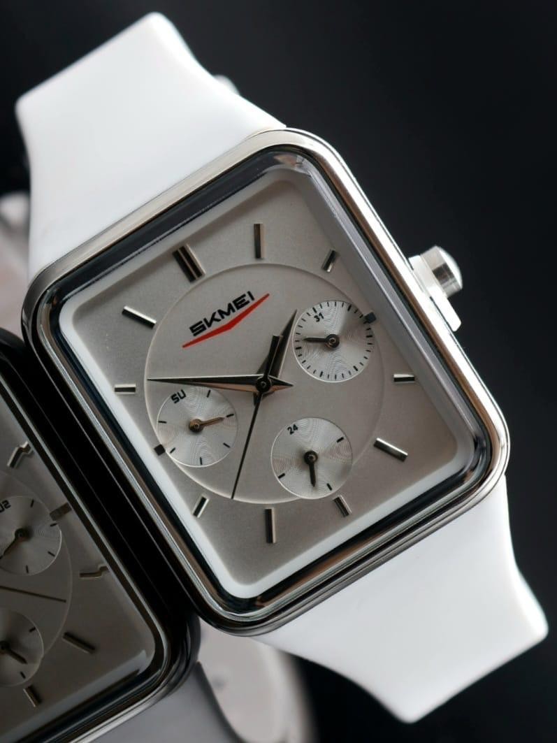 SKM - DAMEN - HERREN - UHR - KALENDER - TAG - DATUM - SILIKON - WEISS - NEU1