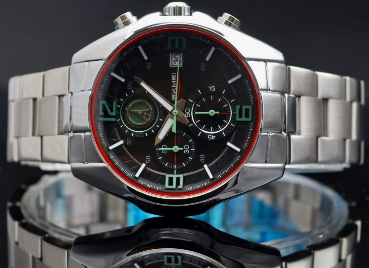 Herren Chronograph Armband Uhr Edelstahl Datumsanzeige Stoppfunktion 46MM Neu1