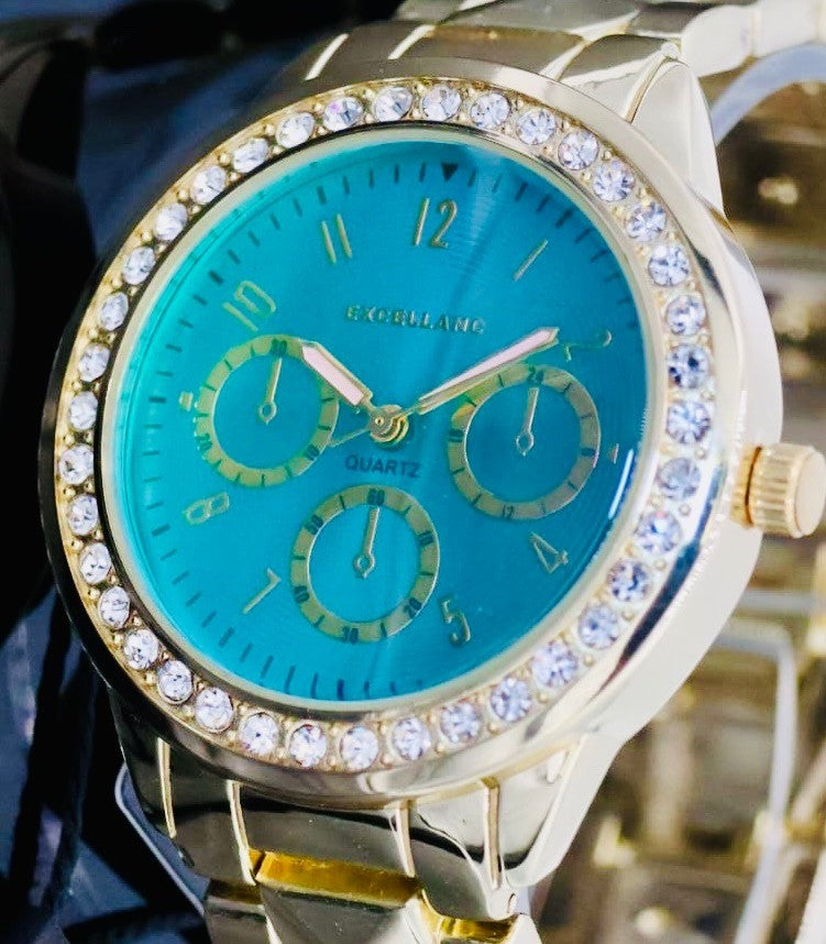 Excellanc  Damen  Armband Uhr Blau Türkis Gold Farben Damenuhr Strass Chronolook2