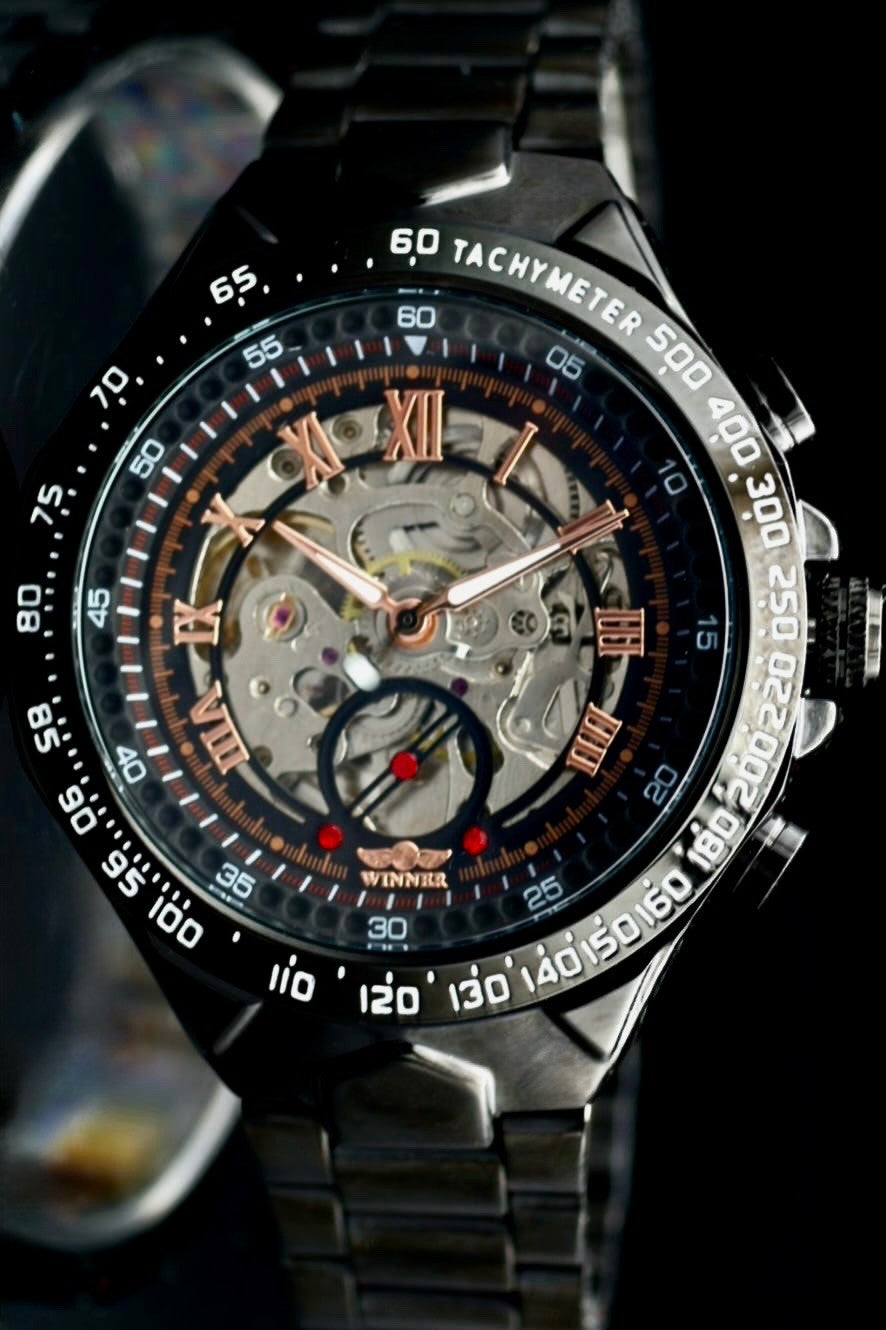 T-Winner Herren Automatikuhr Schwarz Mechanisch Skelett Uhr Edelstahl Luxus 48mm1