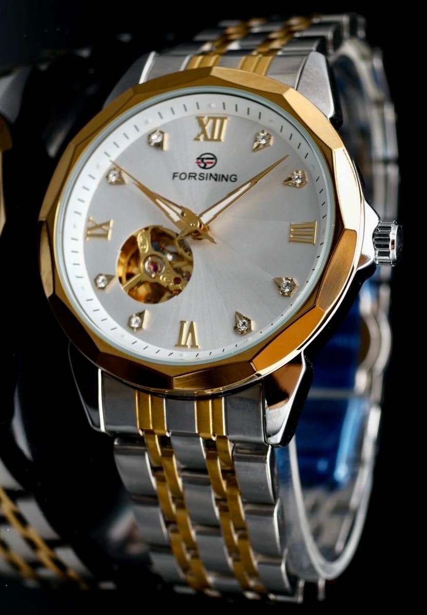 Elegante Herren Männer Automatik Uhr Gold Silber Bicolor Farben offene Unruh NEU1