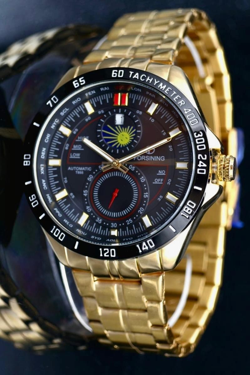 Mega Exklusive Herren Männer Automatik Uhr Schwarz Gold Farben Top Design NEU0