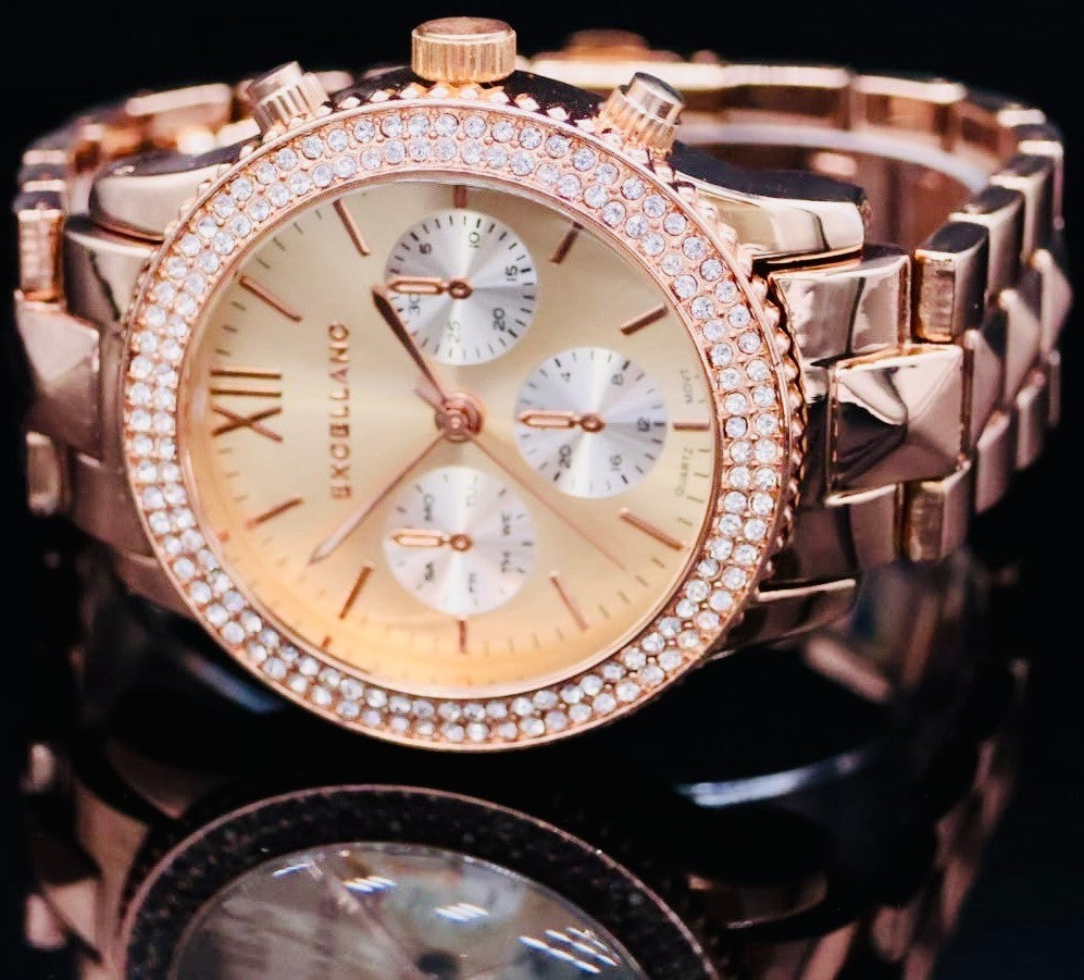 Excellanc Damen Frauen Armband Uhr Roségold Farben Damenuhr Chrono-Look Strass *2