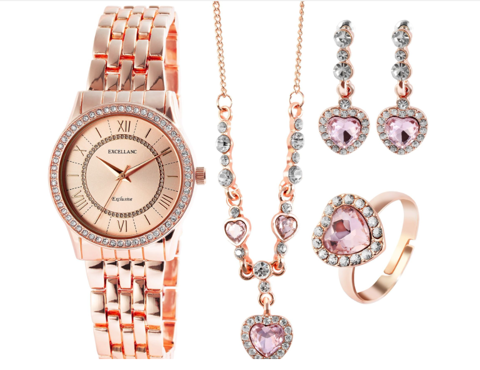 Excellanc Damen Geschenkset Armbanduhr Halskette und Ohrringe Rosé Rosa Farben2