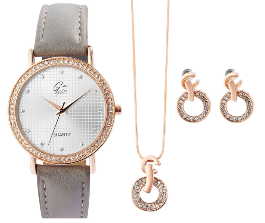 GinaTylor Damen Geschenkset Armbanduhr Halskette und Ohrringe Rosé Grau Farben2
