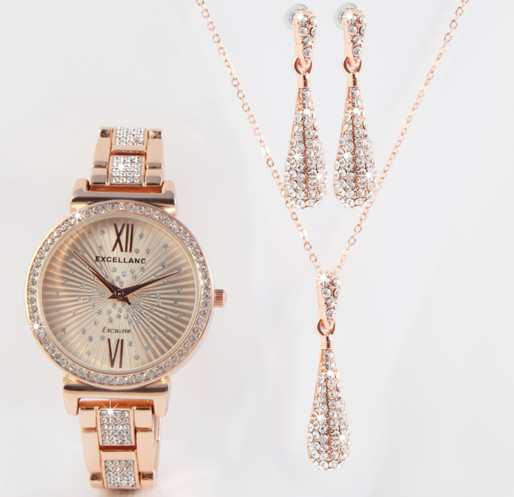 Excellanc Damen Geschenkset Armbanduhr Halskette & Ohrringe Rosé Farben Strass2