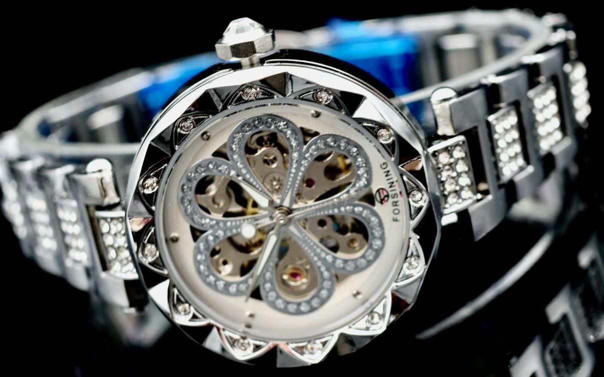 Exklusive Damen Automatik Uhr ausgefallenes Ziffernblatt Silber Farben Strass1