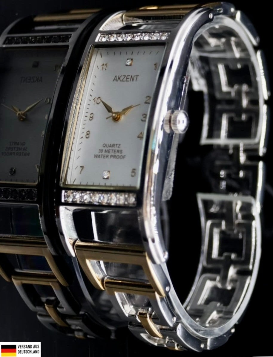 Elegante Akzent Damen Frauen Armband Uhr Gold Silber Bicolor Farben Damenuhr NEU0
