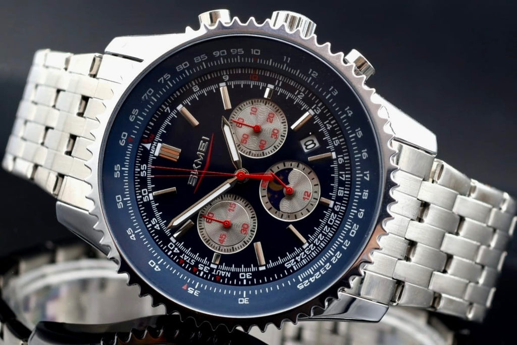 HERRENUHR - SKM - CHRONOGRAPH - STOPPUHR - DATUM - EDELSTAHL - BLAU - 48MM - NEU0