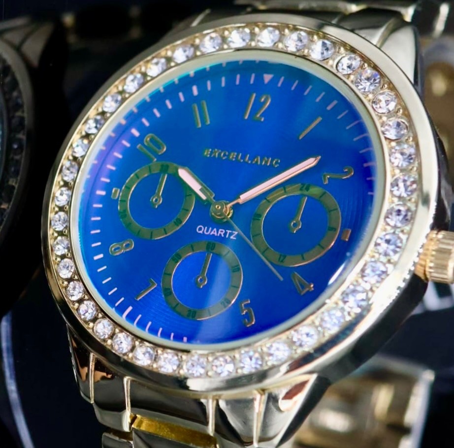 Excellanc  Damen  Armband Uhr Blau Gold Farben Damenuhr Strass Chrono-Look2