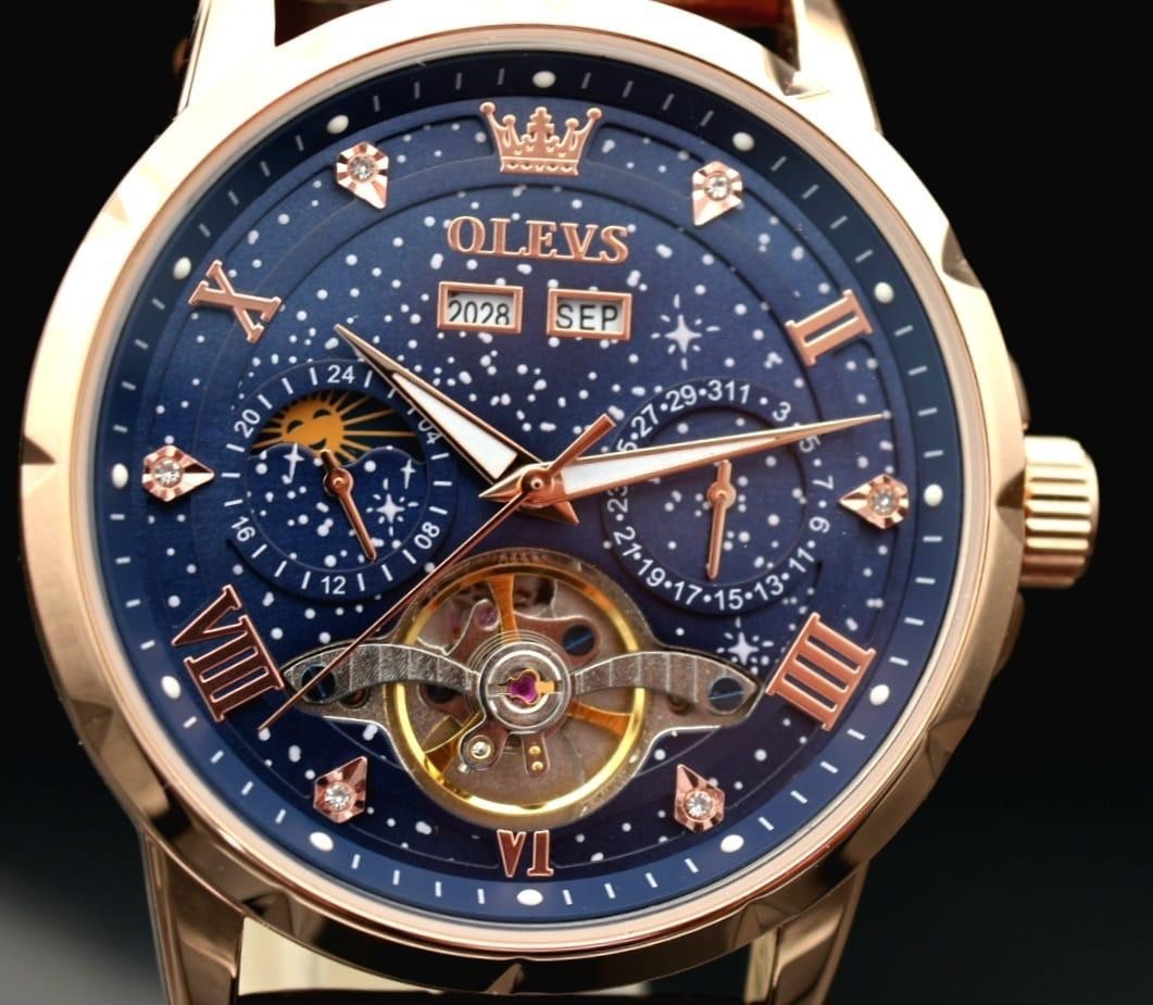 OLEVS Automatik Herren Männer Uhr Blau Rosé Farben Vollkalender mit Lederarmband2