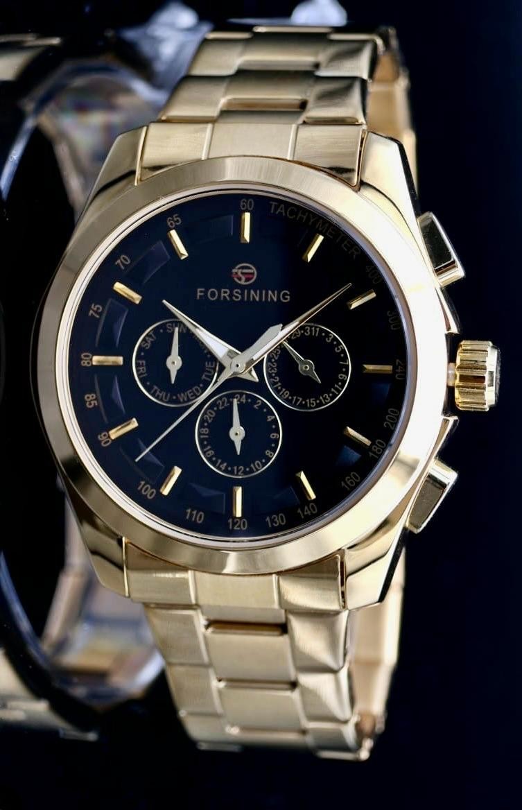 Edle Herren Männer Automatik Uhr Schwarz Gold Farben mit Kalender 24h Anzeige0