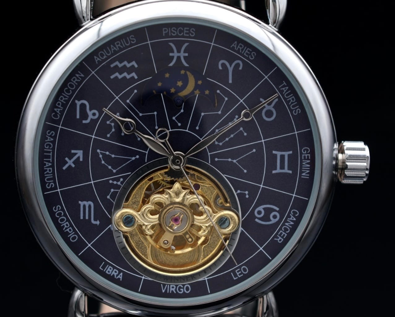 WINNER Herren Uhr Automatik Mechanisch Leder Sternzeichen Zodiak Dunkelblau 48mm1