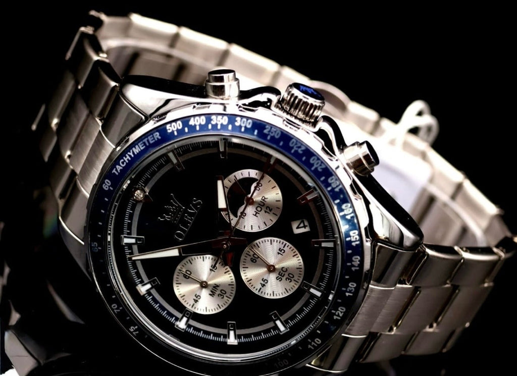 Herren Männer Armband Uhr Chronograph Stoppuhr Datum Silber Blau Farben NEU * 791