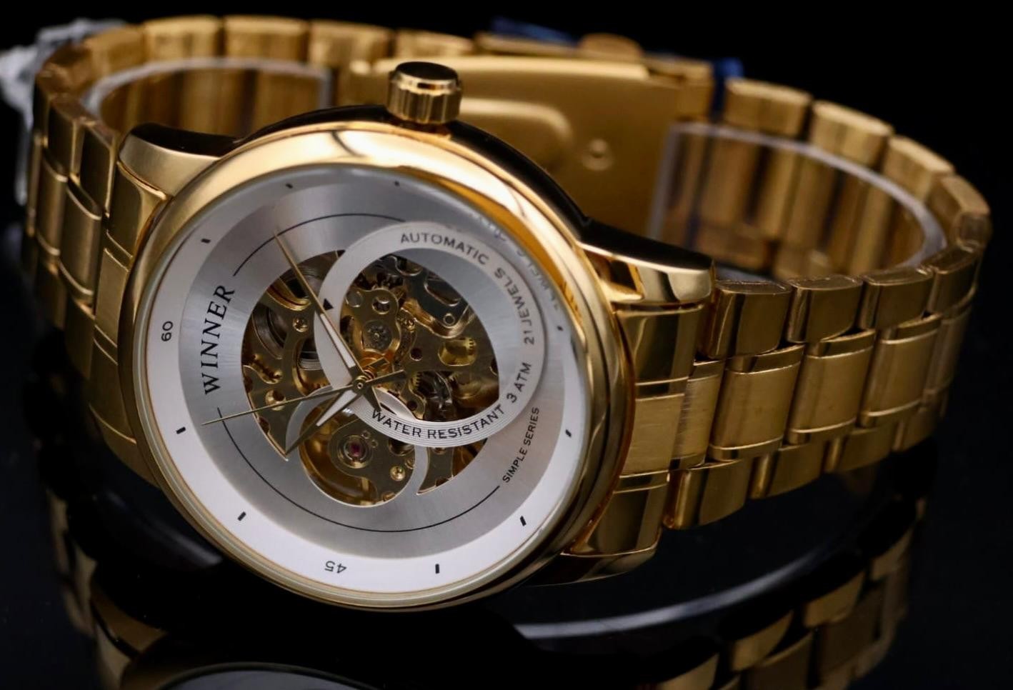 Luxus Winner Herren Armband Uhr Automatikuhr Weiß Gold Farben + offene Unruh1