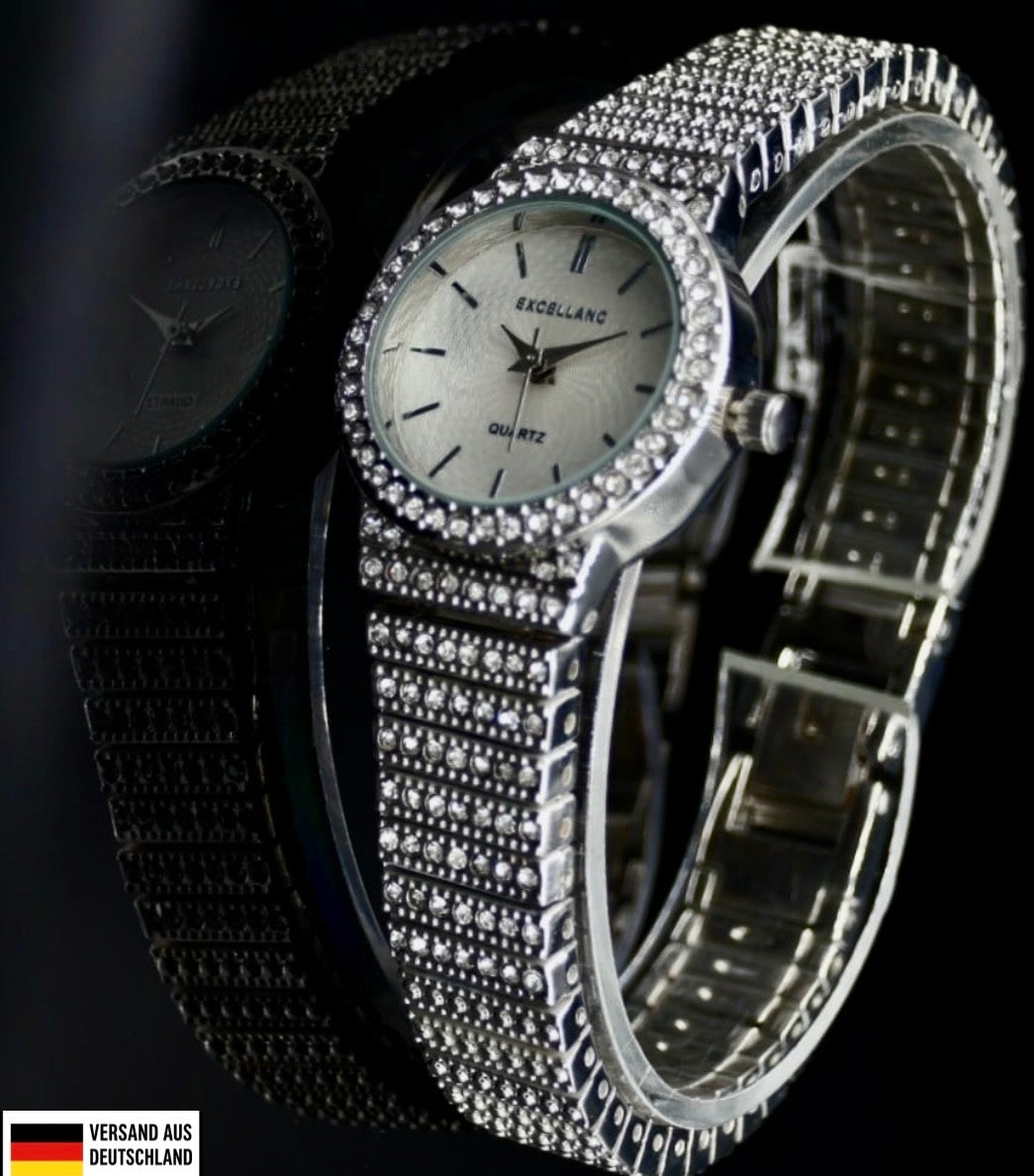 Excellanc Damen Frauen Armband Uhr Weiß Silber Farben Crystal - Besatz Damenuhr0