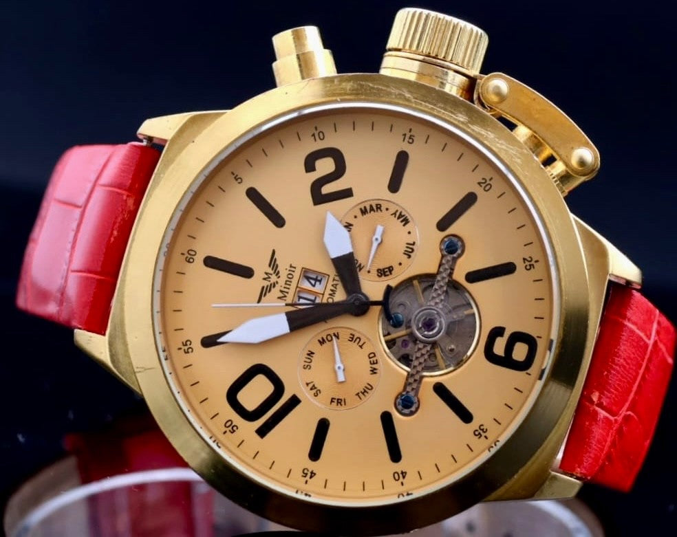 XL Minoir Automatik Herrenuhr mit rotem Lederband Kalender Datumsanzeige B Ware1