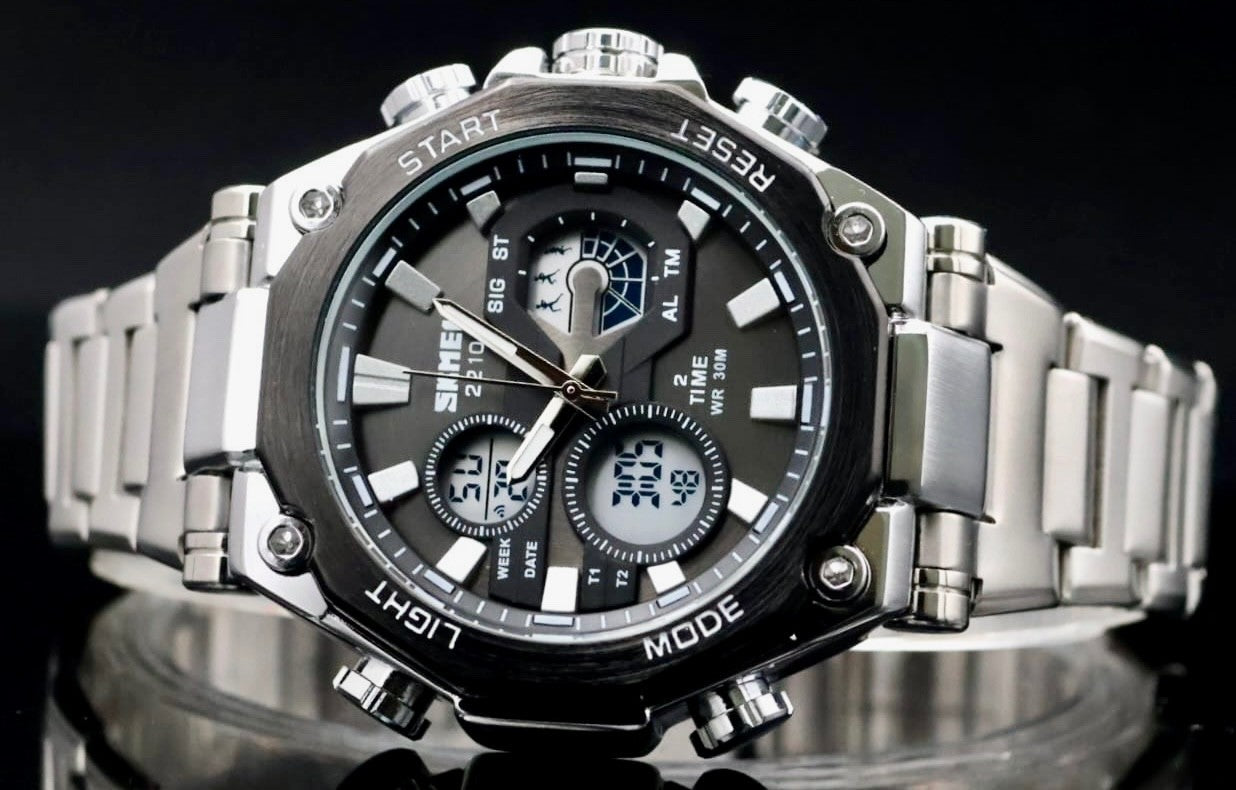 SKM Digital & Analog Herren Männer Uhr  Sportliche Armbanduhr Schwarz Silber1