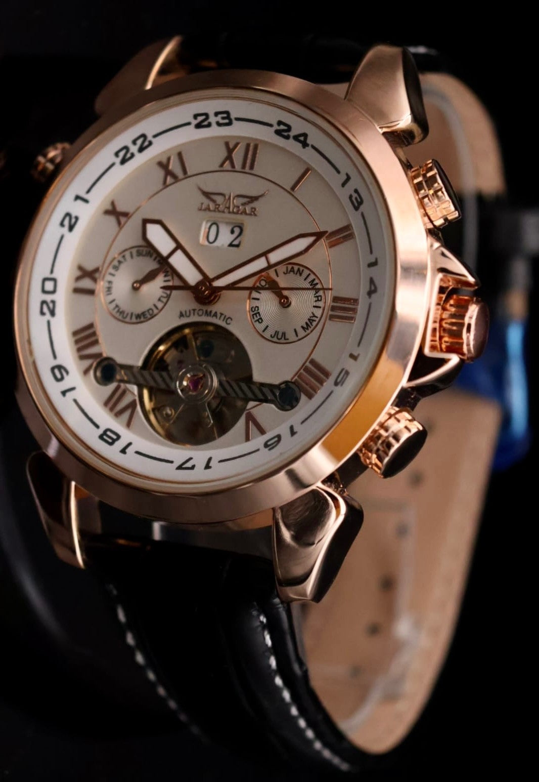 JARAGAR Herren Männer Armband Uhr Automatikuhr Weiß Rosé Farben mit Lederarmband1