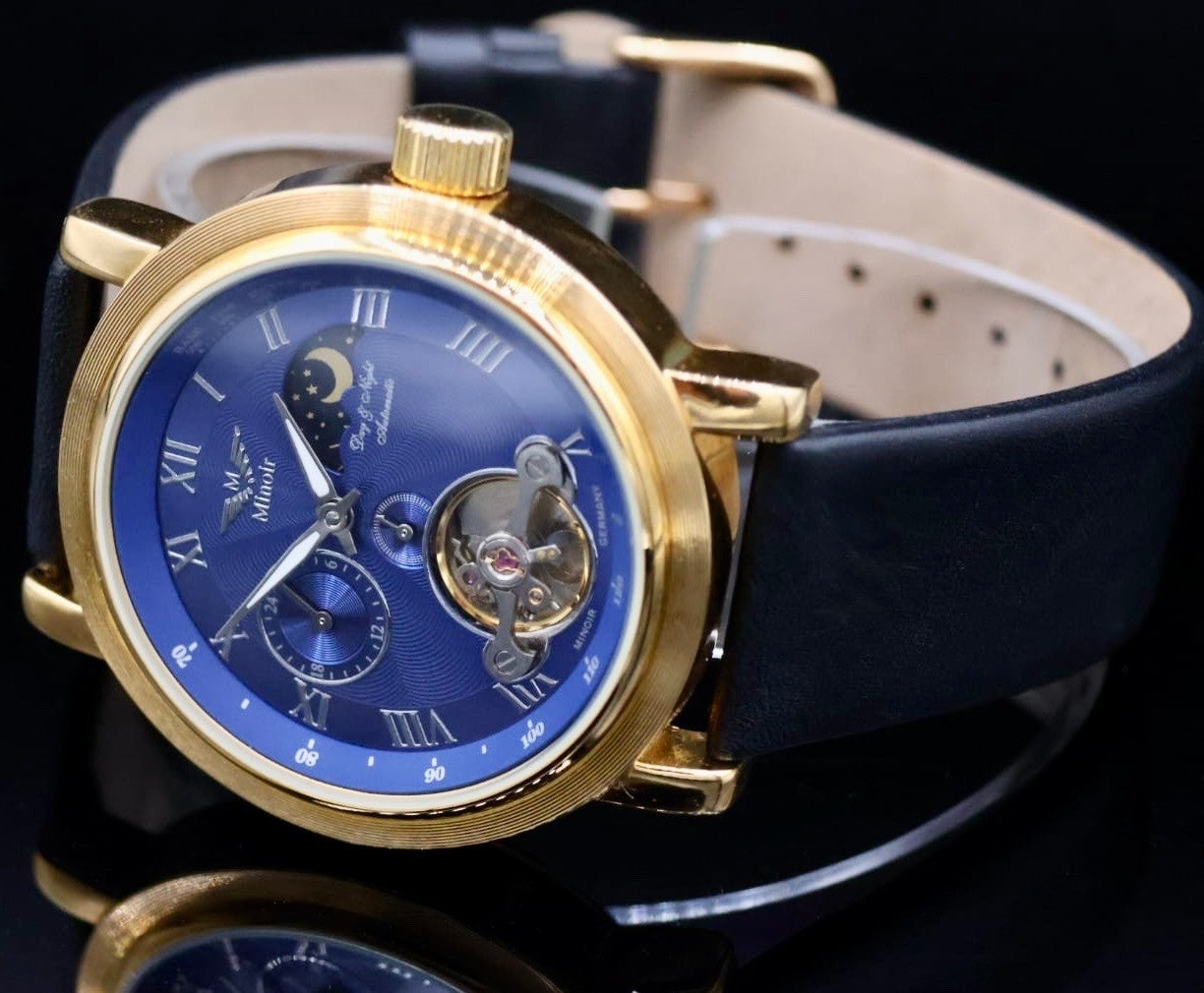 Minoir Herren Uhr Automatik Armbanduhr Blau Schwarz Farben Herrenuhr Lederband1