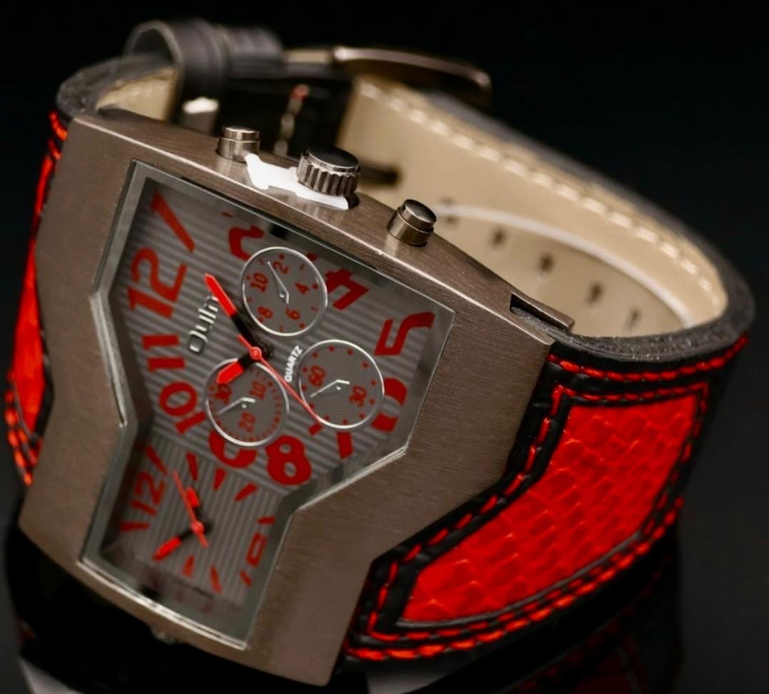 Dual Timer Herrenuhr Braun Rot Farben Leder Armband Männer Uhr im Chrono Look1