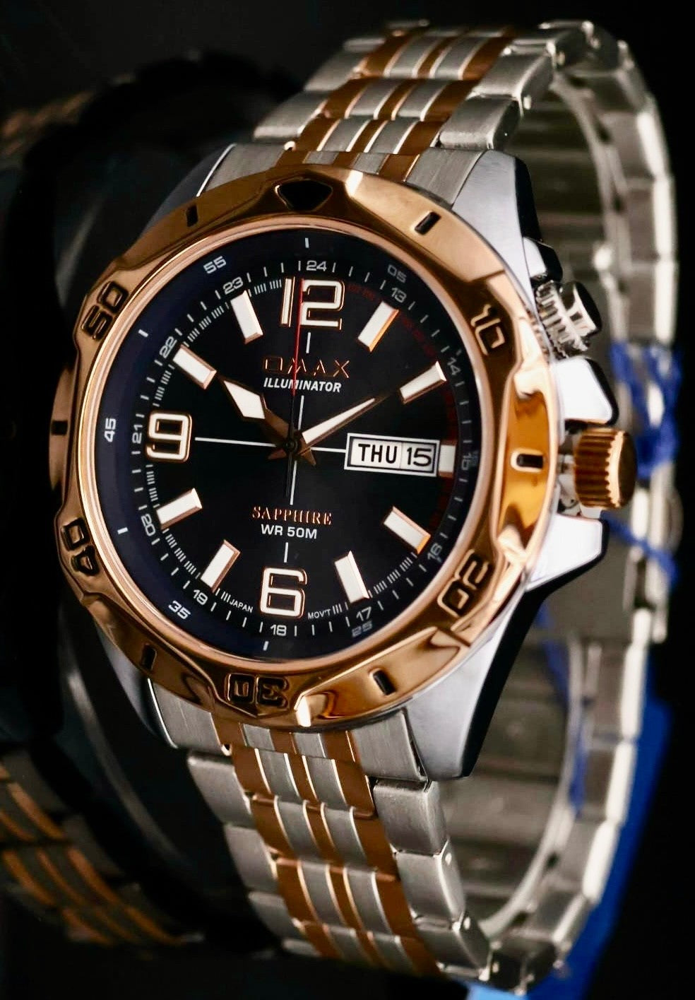 Mega Edle Omax Sapphire ILLUMINATOR   Herren Armband Uhr IP Veredelt Neu mit Box2