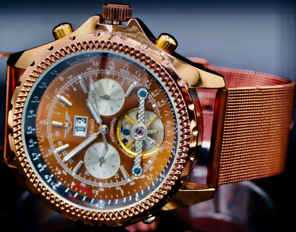 Schicke Minoir Automatik Armbanduhr Herrenuhr offene Unruh & Datumsanzeige TOP1