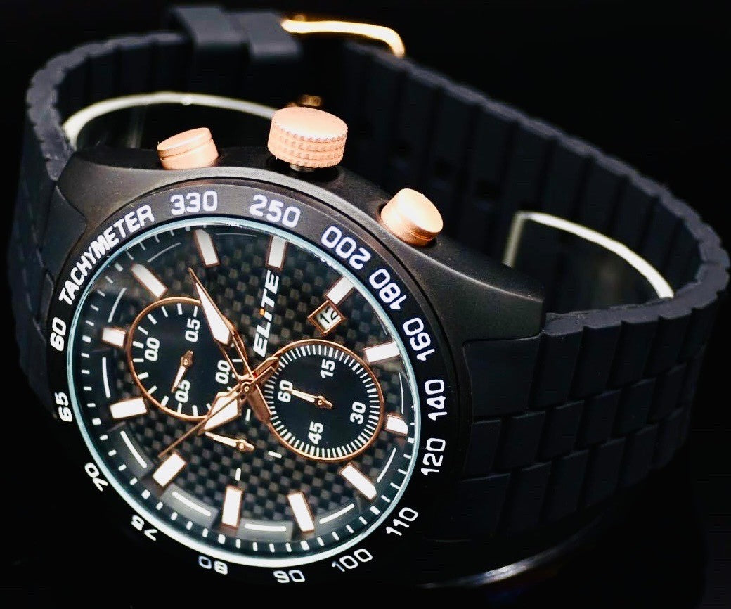 Elite Herren Silikon Armband Uhr Chronograph Schwarz Datum sportliches Design1