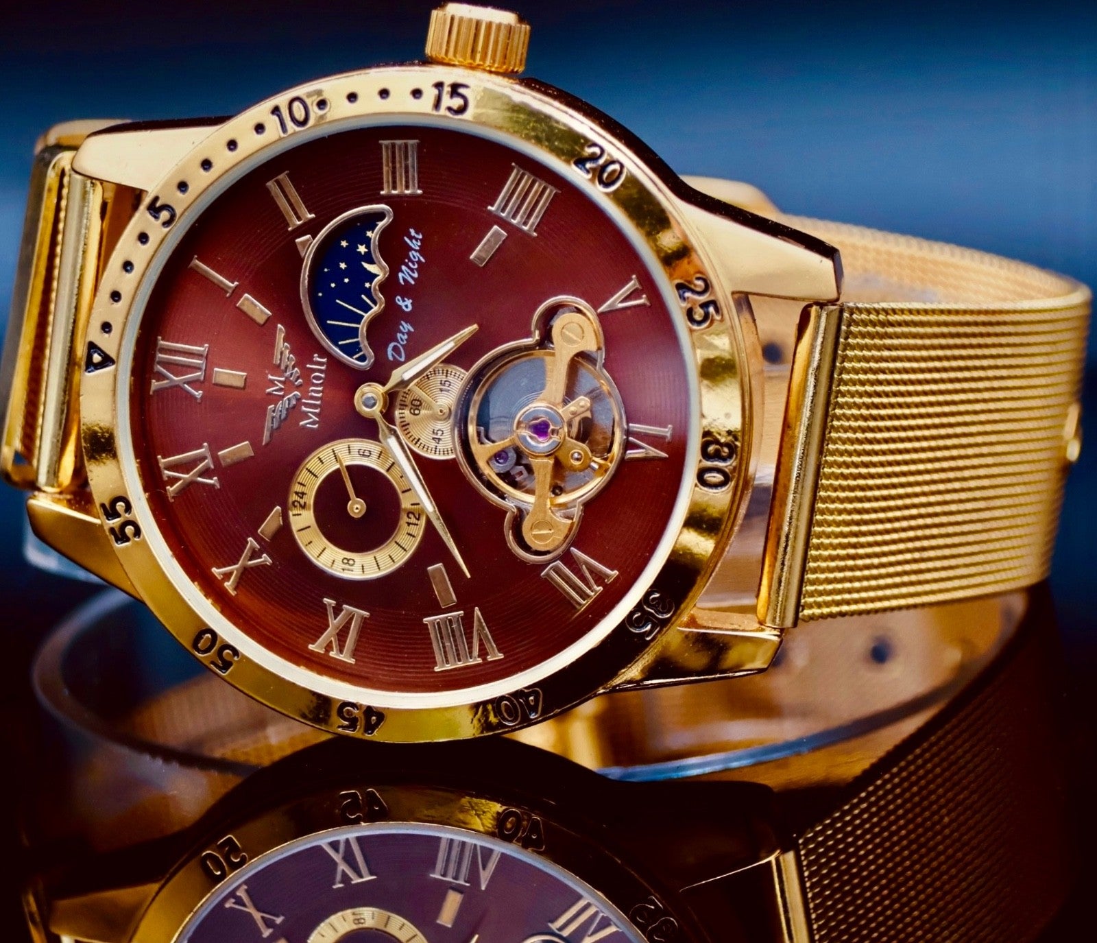 Minoir Herren Uhr Automatikuhr Armbanduhr Braun Gold Farben Herrenuhr Glasboden1