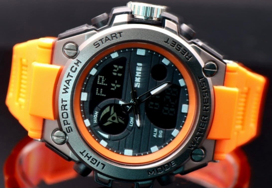 SKM Herrenuhr Digital Analog Uhr Sport Watch Silikonarmband Orange 46mm Neu1