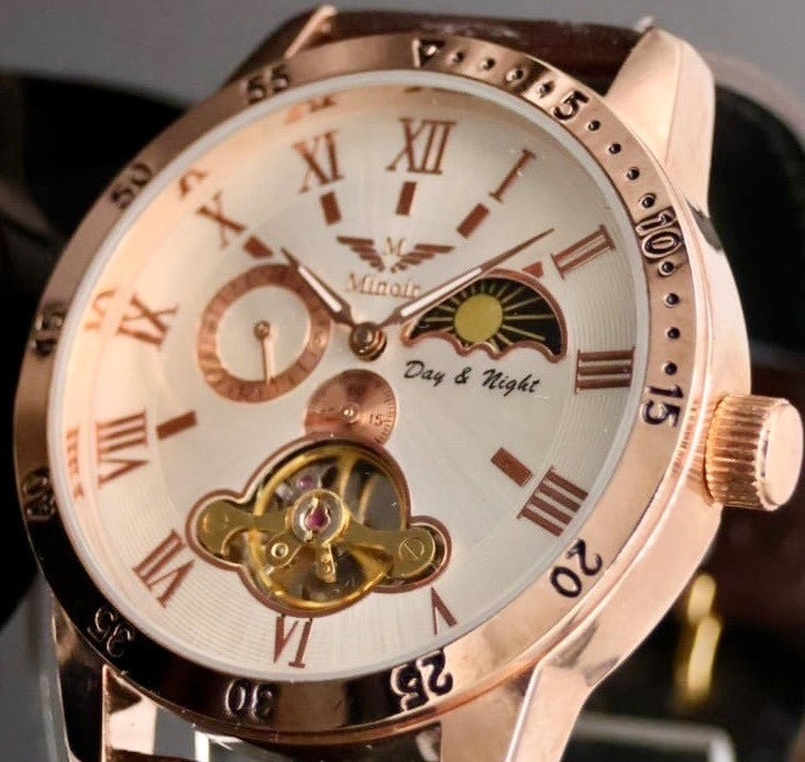 Minoir Automatik Herren Armbanduhr Modern mechanisch mit Glasboden Braun Rosé2