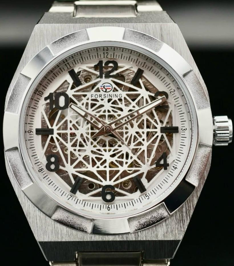 Edle Herren Männer Automatik Uhr Silber Farben Skelettuhr mit Leuchtzeiger NEU2