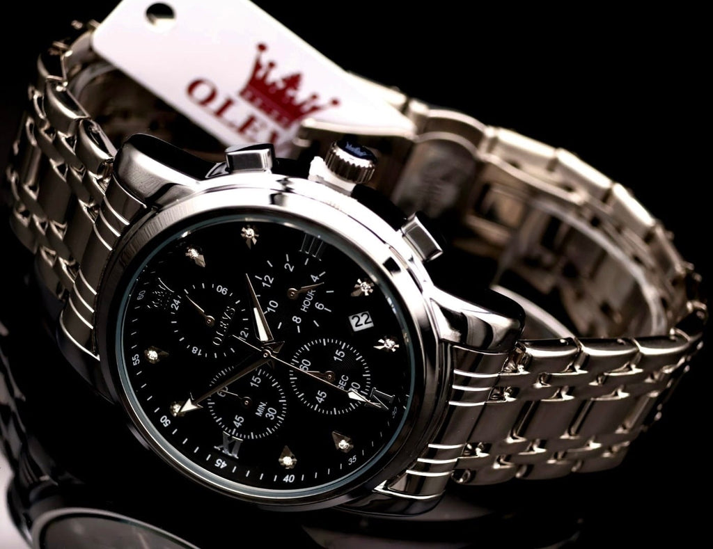 Edle Herren Männer Armband Uhr Chronograph Stoppuhr Datum Schwarz Silber Farben¨1