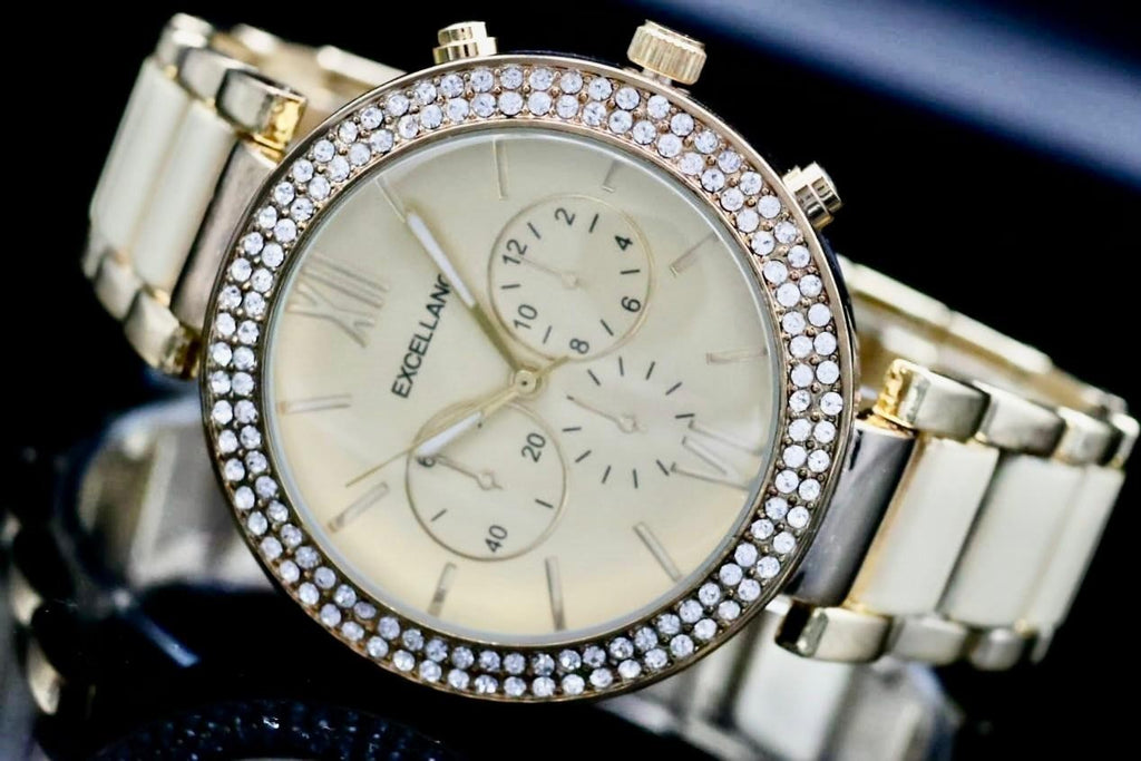 Excellanc Damen Armband Uhr Weiß Gold Farben Damenuhr Metallband Chrono-Look Neu2