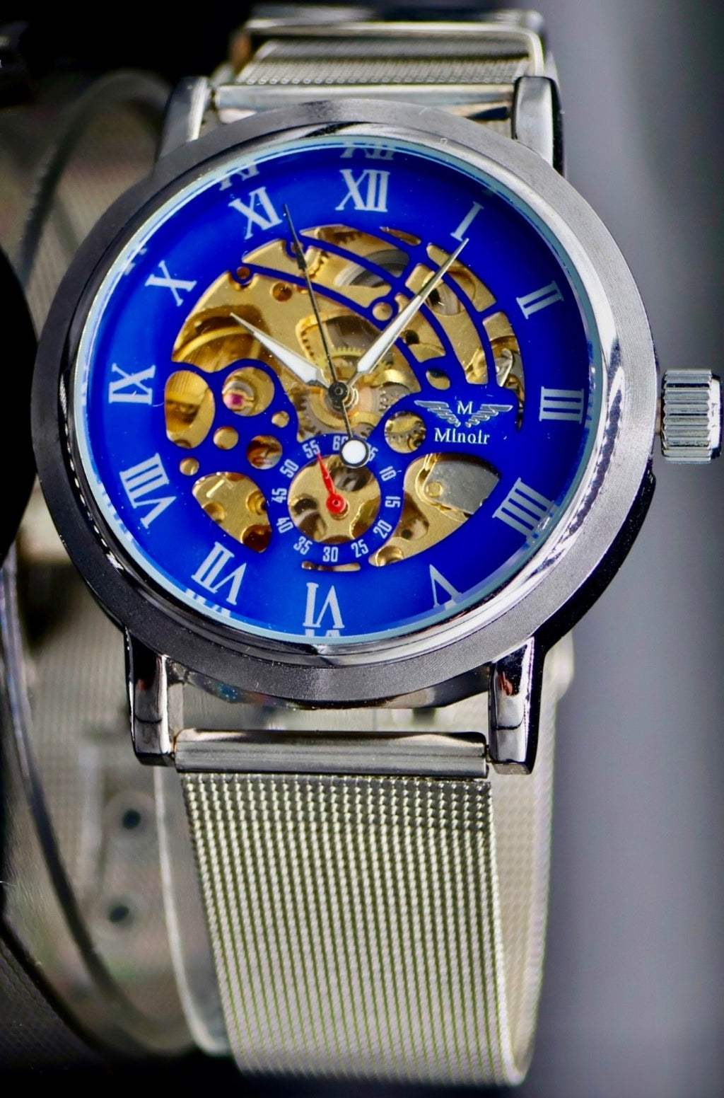 Minoir Herren Automatikuhr Armbanduhr Herrenuhr mit Glasboden Blau Silber Farben1