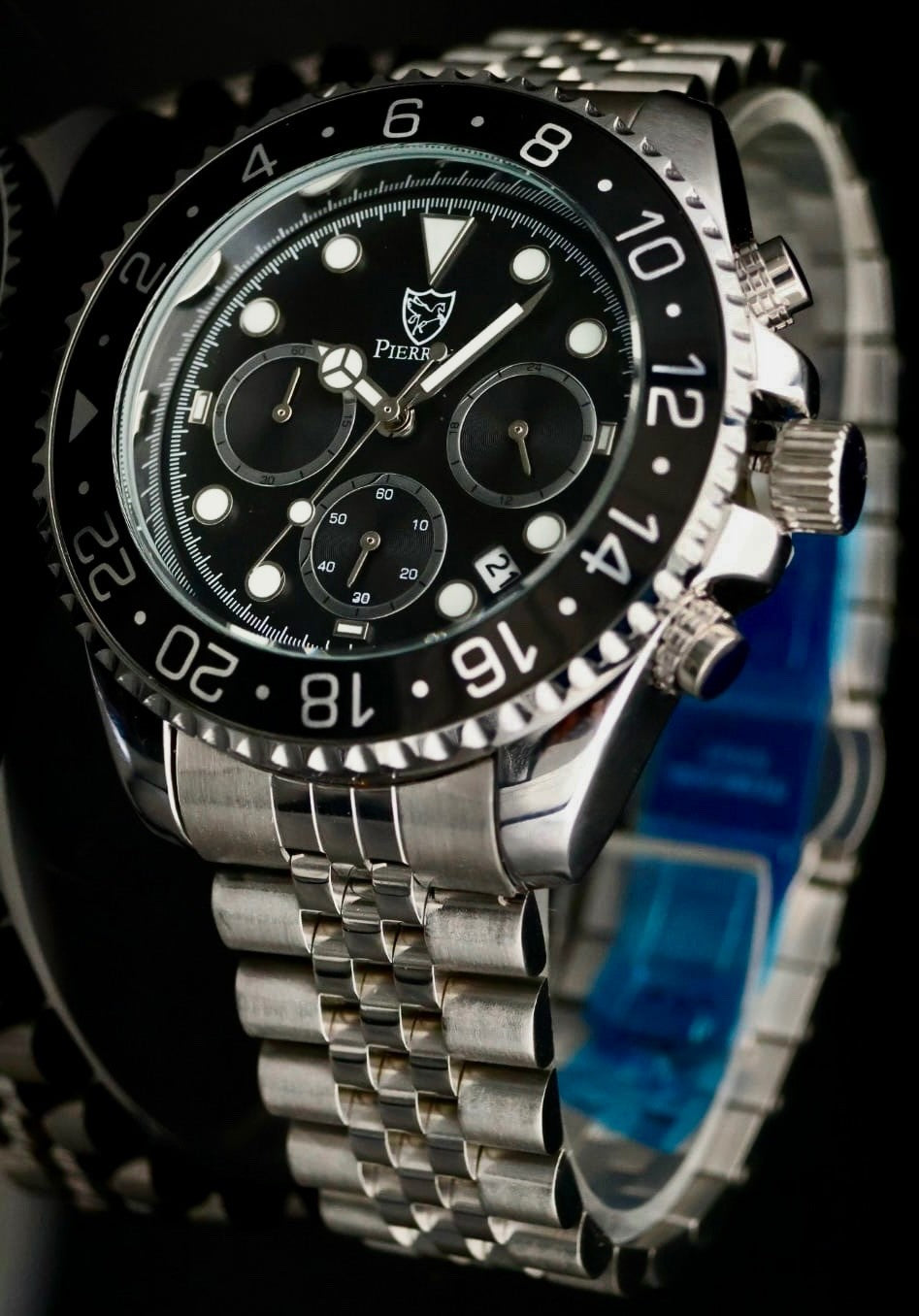 Pierrini Herren Armband Uhr Chronograph Stoppuhr Datum Schwarz Silber Farben NEU0