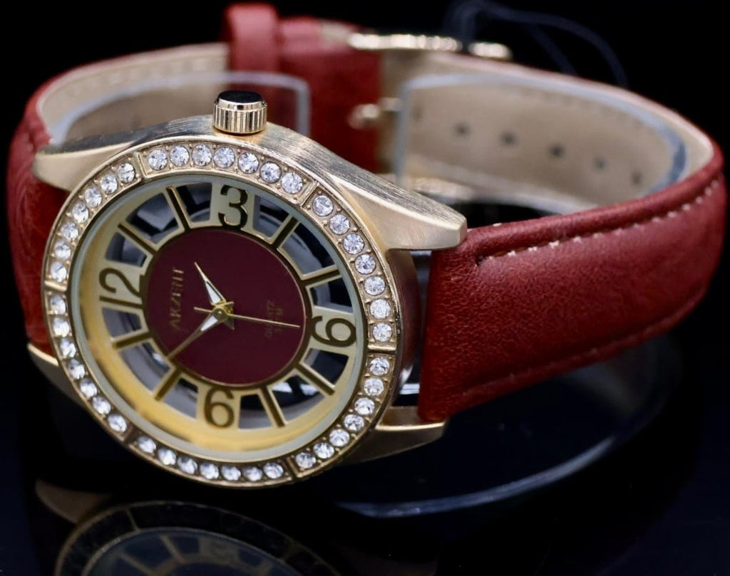 Mega Edle Damen Frauen Armband Uhr Rot Weiß Farben Damenuhr Mineralglas Strass1