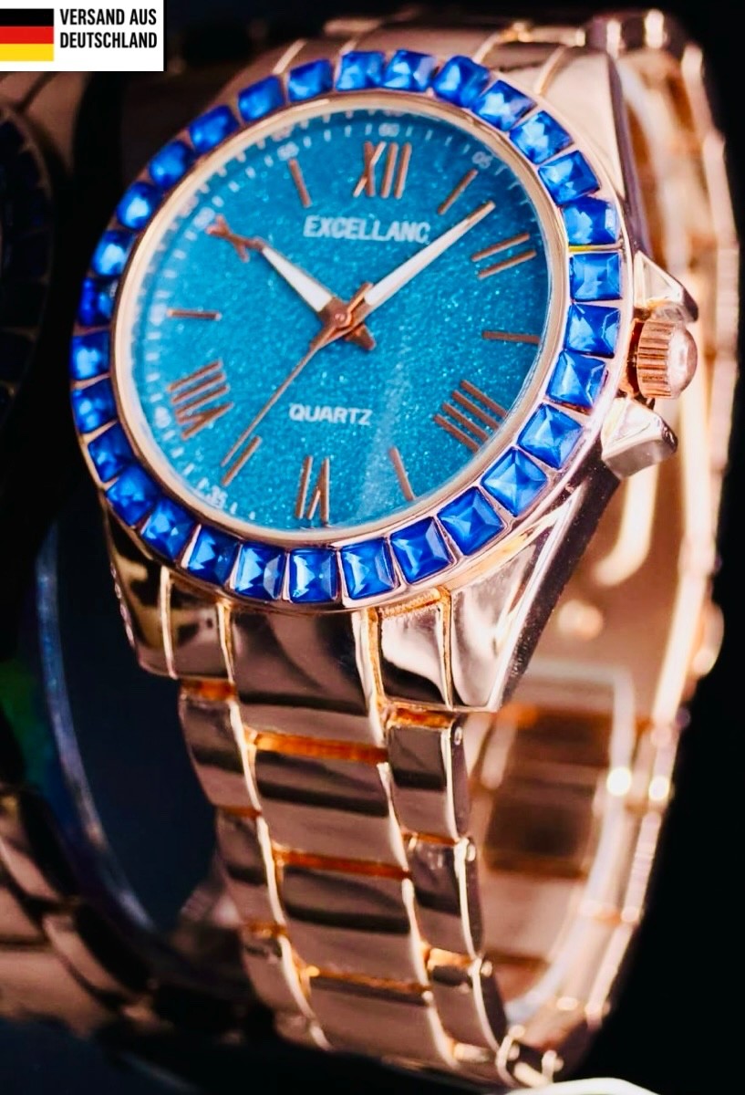 Excellanc Damen Armband Uhr Blau Rosé Farben Damenuhr Mineralglas Crystal Edel 30