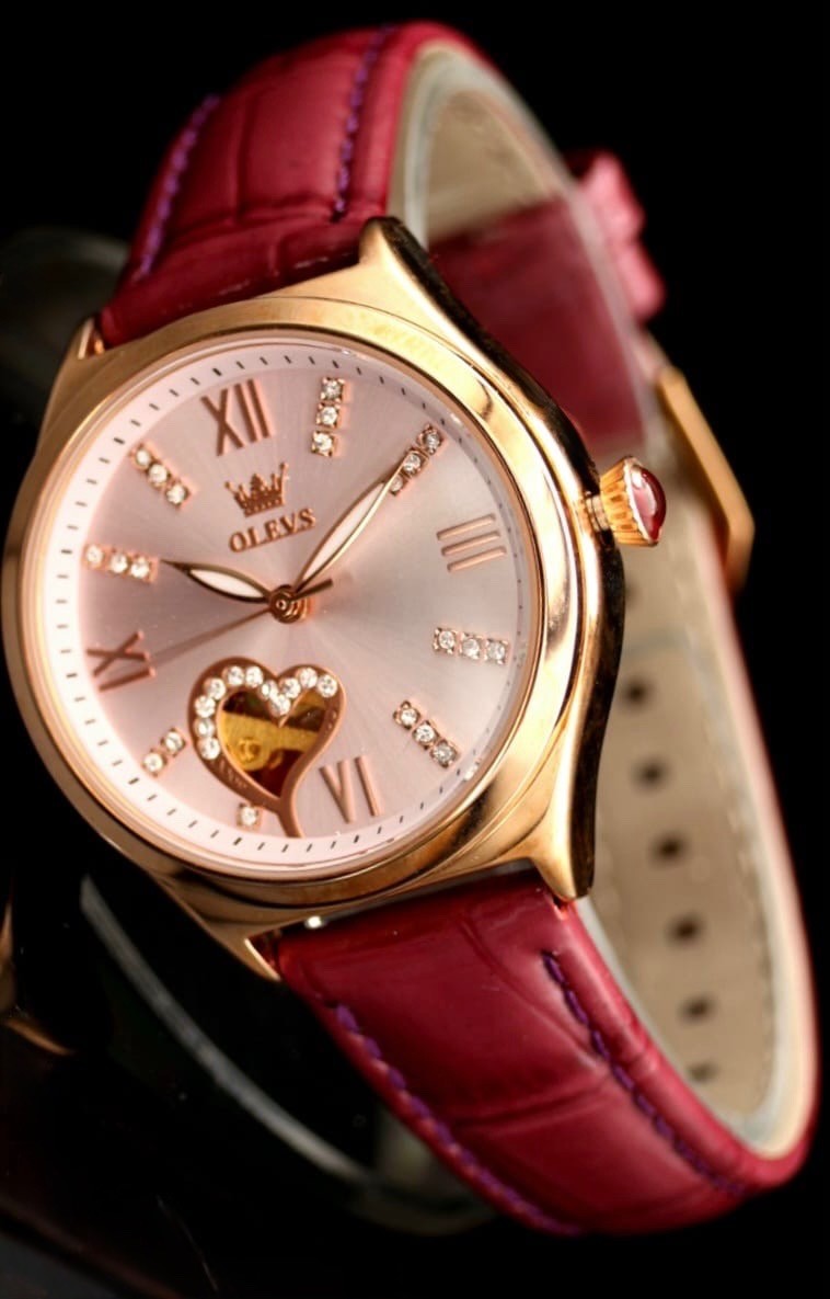 OLEVS Damen Frauen Automatik Uhr Automatikuhr Rosa Rot Farben mit Lederband Neu0