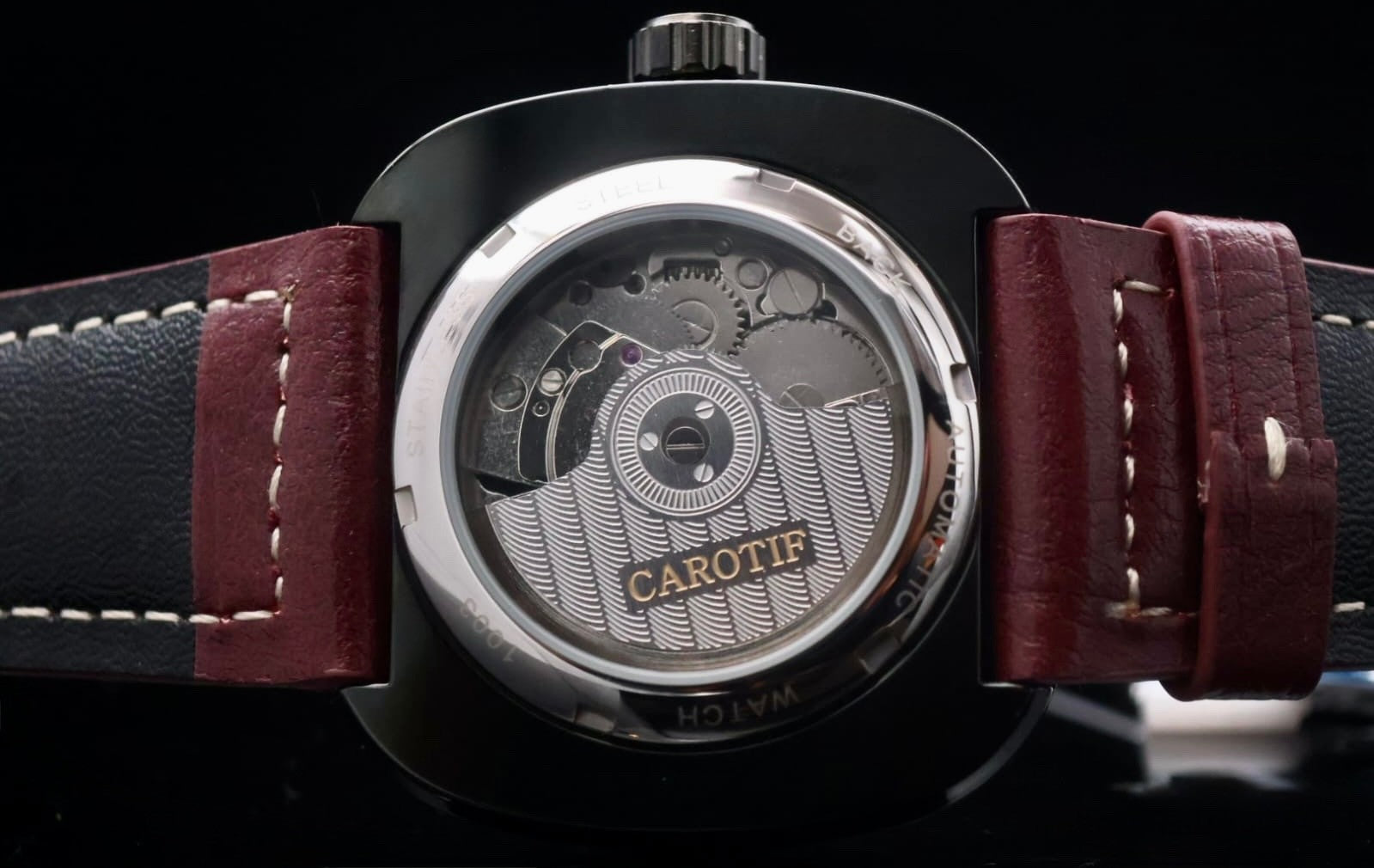 CAROTIF - AUTOMATIK - WATCH - OFFENE UNRUH - SCHWARZ- ROT - LEDER - NEU1