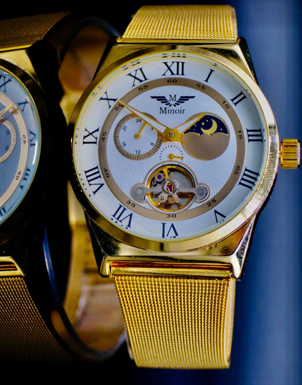 Edle Herren Uhr Automatik Armbanduhr Minoir Herrenuhr Weiß Gold Farben Meshband0