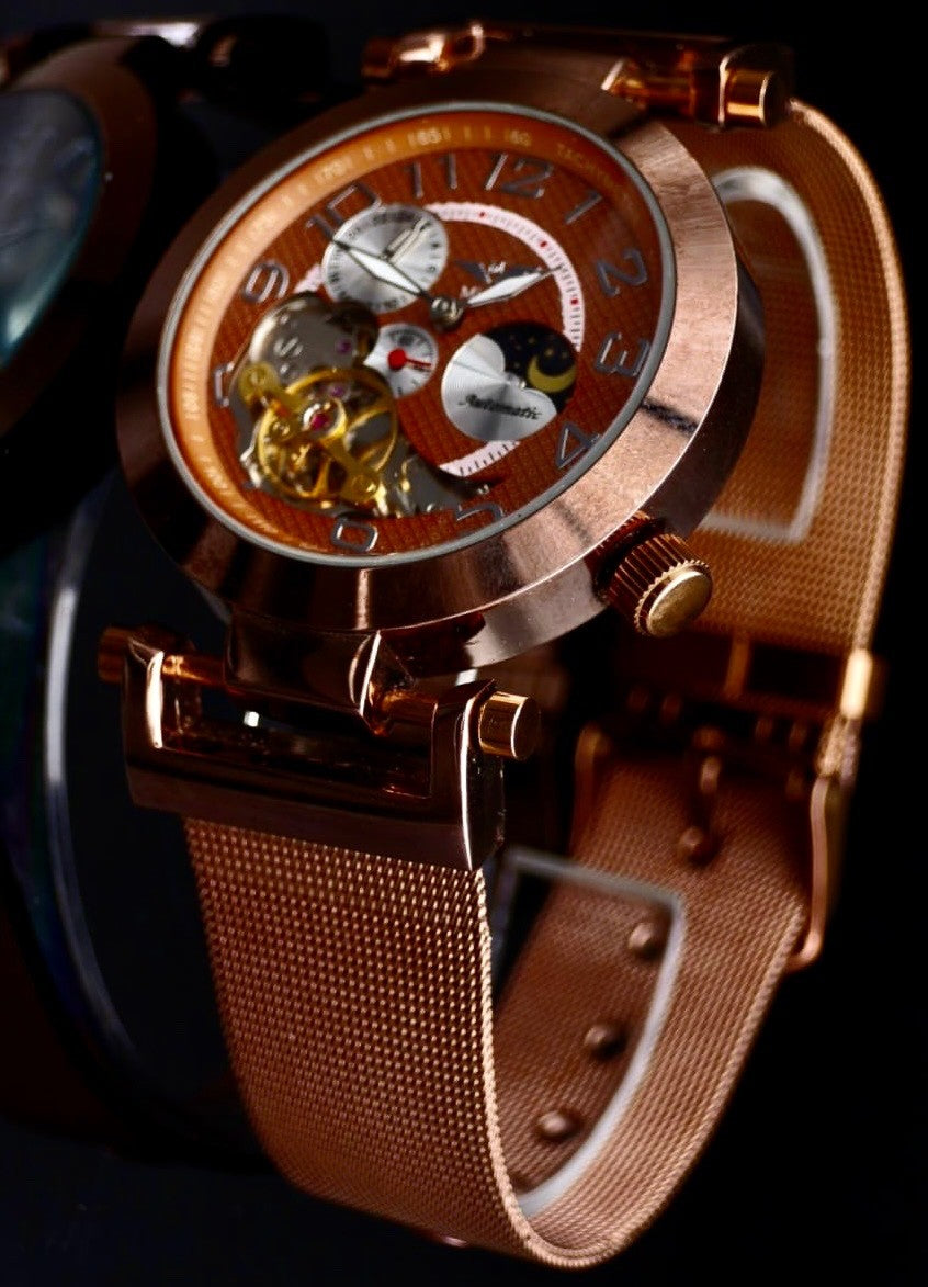 Edle Herren Uhr Automatikuhr Mesh Armbanduhr Minoir  Bronze Farben offene Unruh0