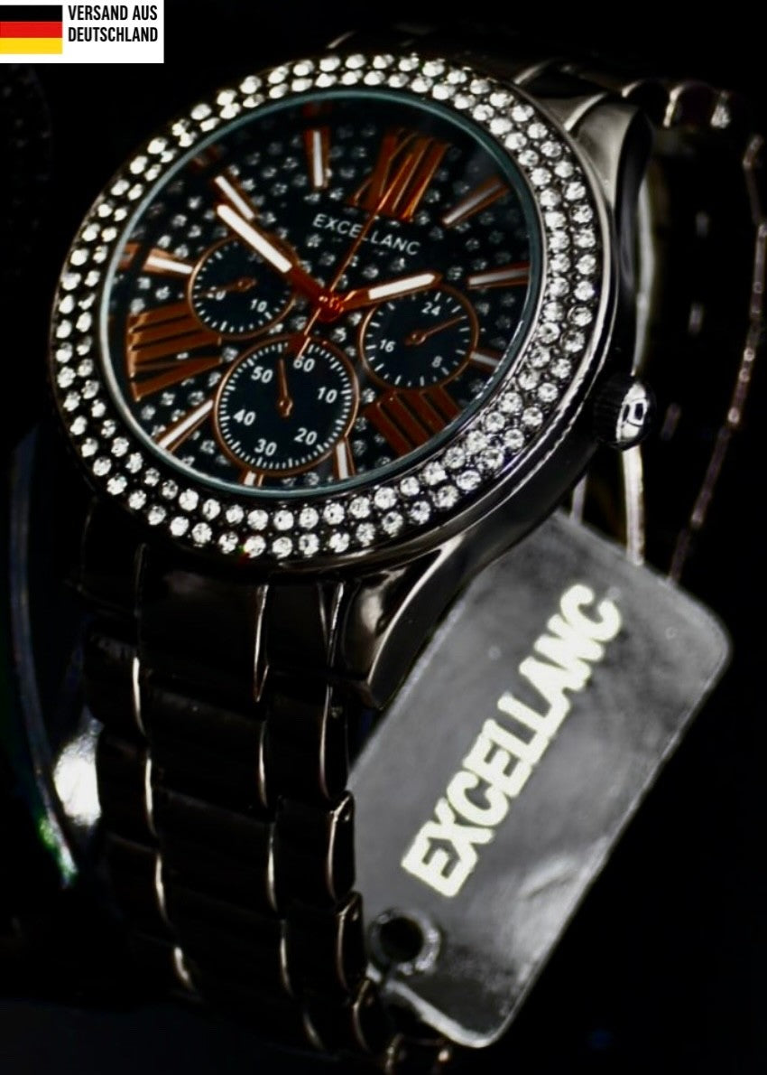 Excellanc Damen Frauen Armband Uhr Schwarz Farben Damenuhr Strass Chrono-Look0