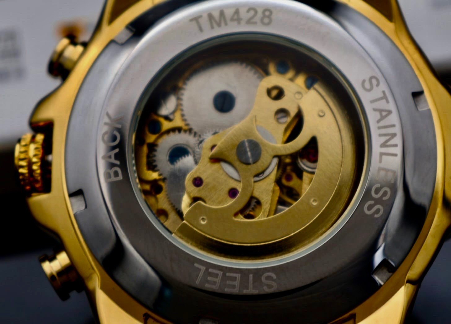 T-Winner Herren Automatikuhr Gold Mechanisch Edelstahl Skelett Uhr Leuchtzeiger2