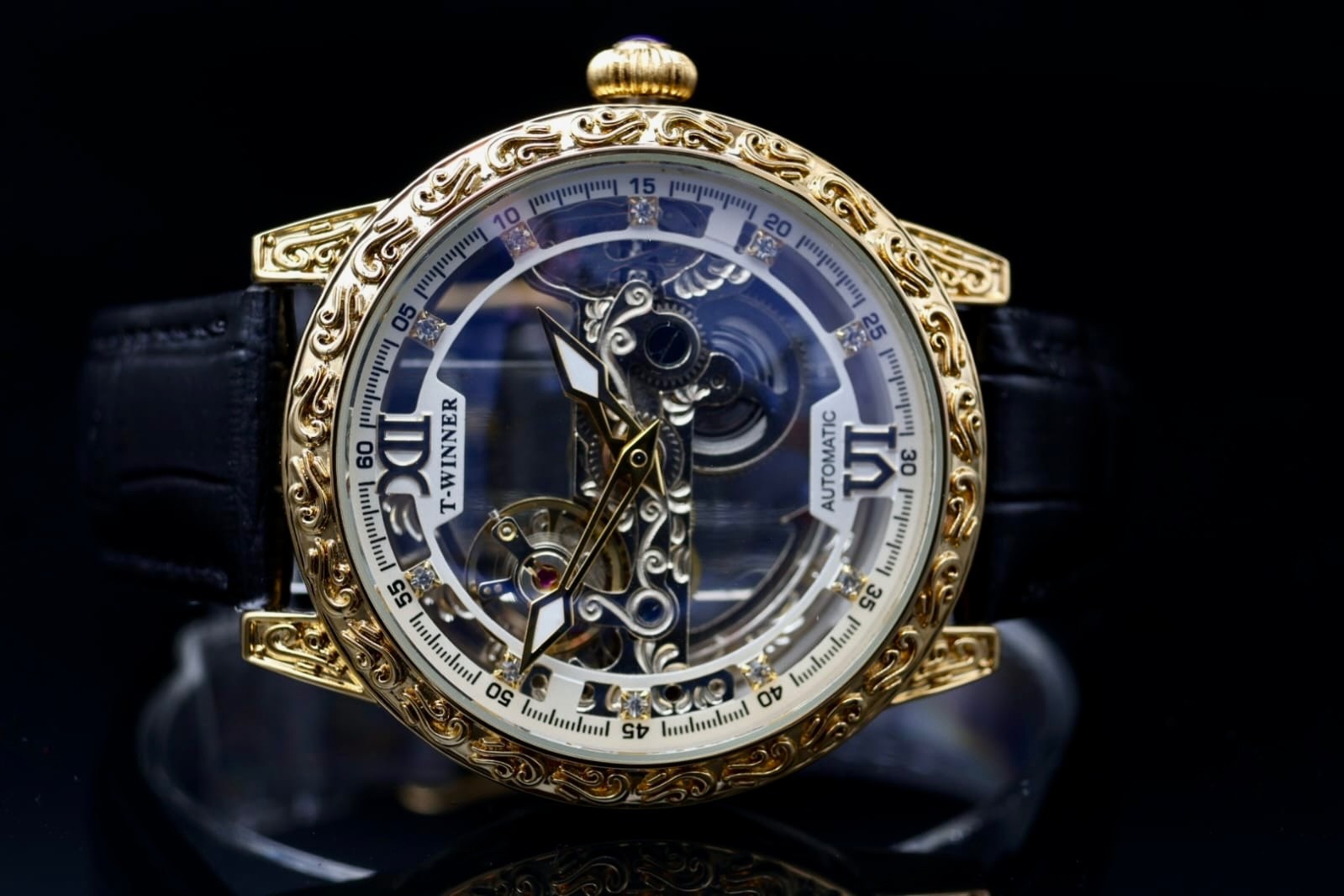 T-WINNER Herren Automatikuhr Gold Blau Farben Vintage Uhr Leder Luxus Design0