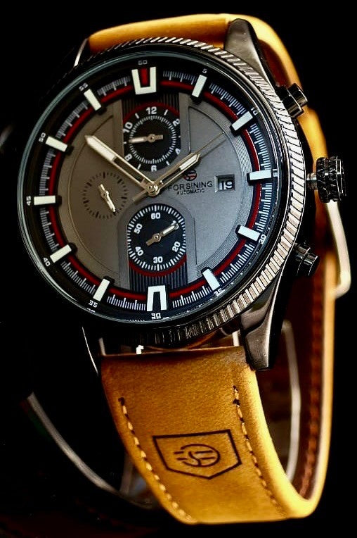 Sportliche Herren Männer Automatik Uhr Grau Braun Farben mit Lederarmband NEU0