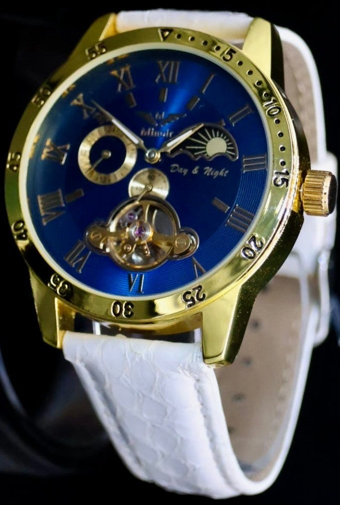 Minoir Herren Uhr Automatikuhr Armbanduhr Blau Weiß Farben Herrenuhr Lederband0