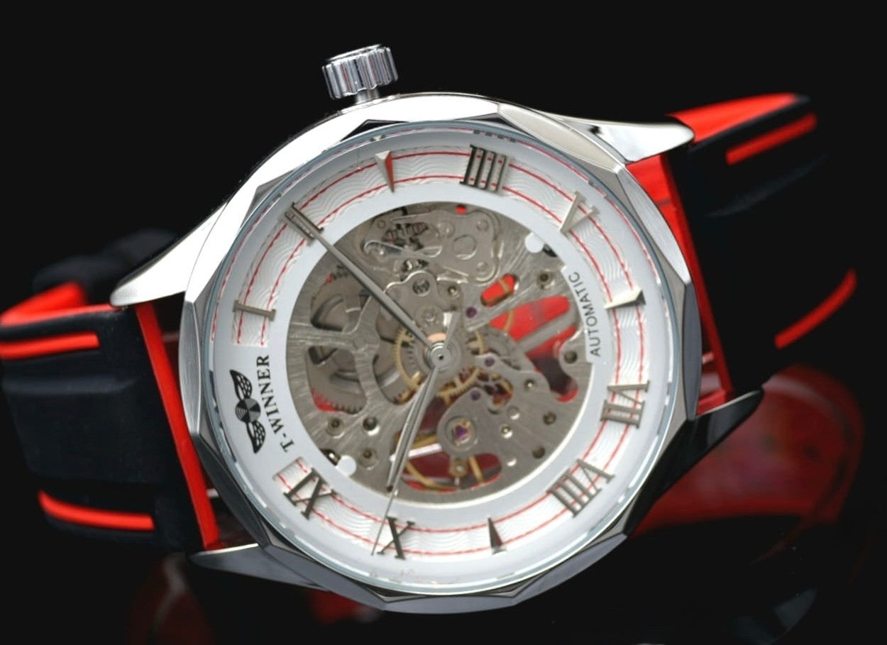 T-WINNER Herren Automatikuhr Silber Rot Skelett Uhr Silikonband Sport Design1