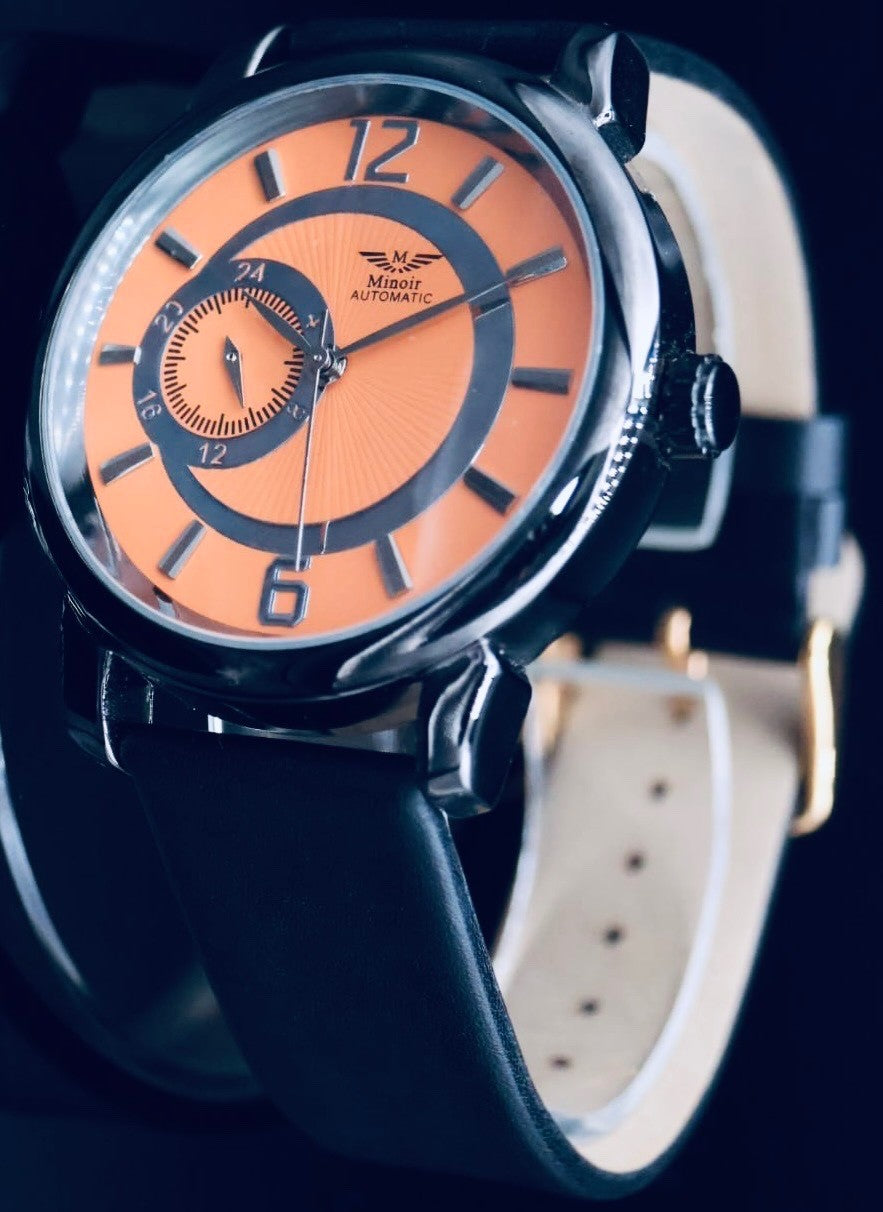 Minoir Herren Uhr Automatikuhr Armbanduhr mit Glasboden Orange Schwarz Farben0
