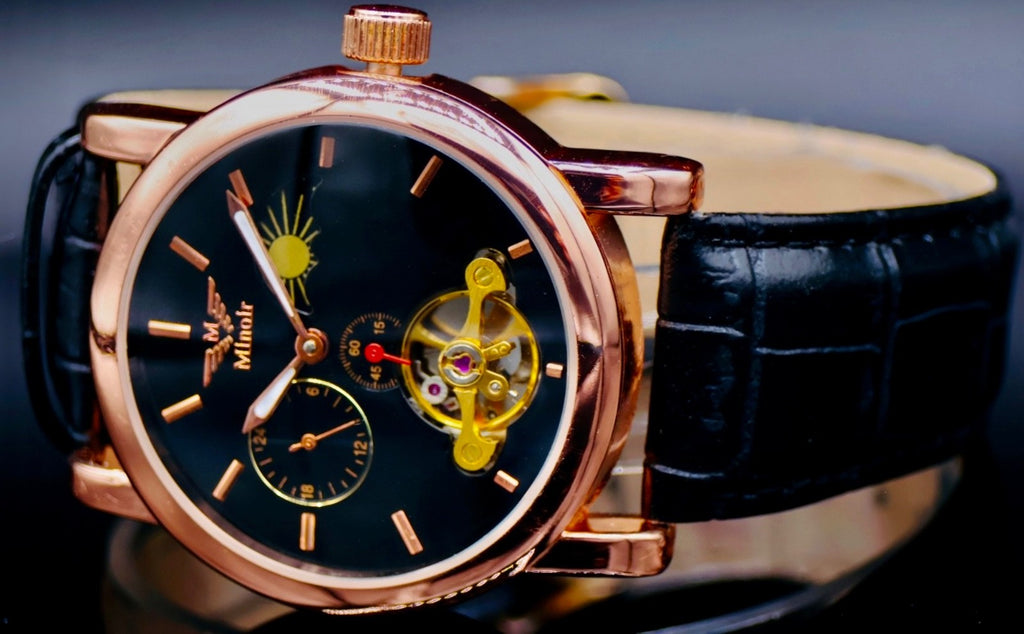 Edle Minoir Automatik Herrenuhr  Rosé Schwarz Geschenkidee Premium Lederband1